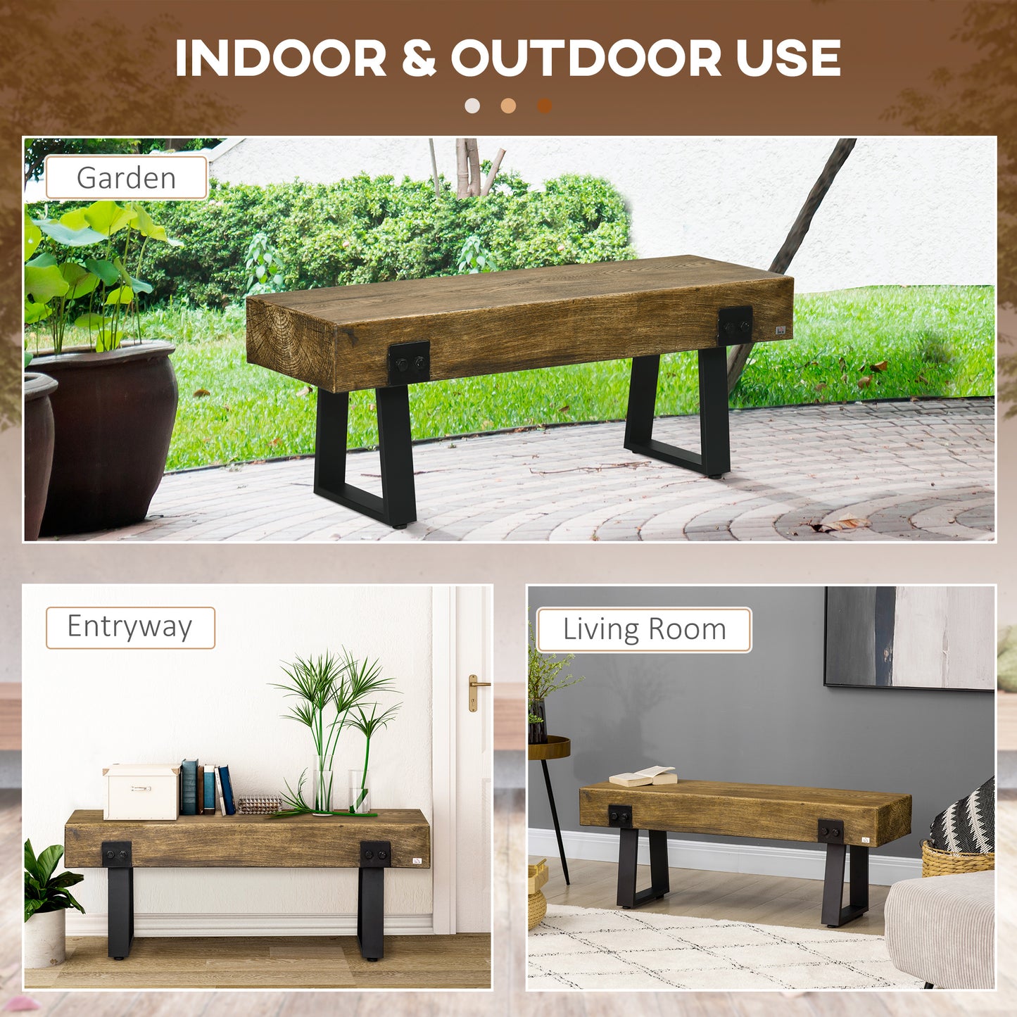 Wooden bench with dark metal legs in a garden setting