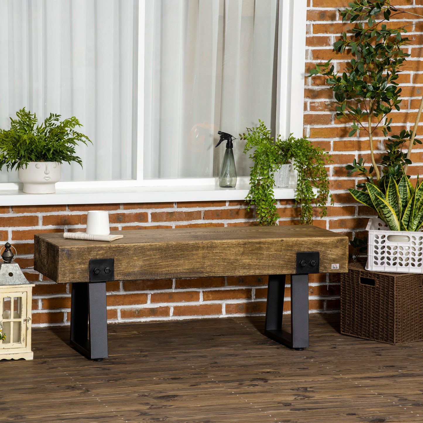 Rustic wooden bench with black metal legs perfect for garden seating