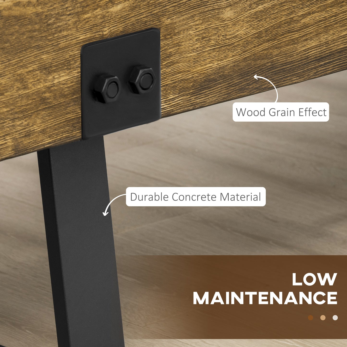 Black metal leg detail on wood grain effect table