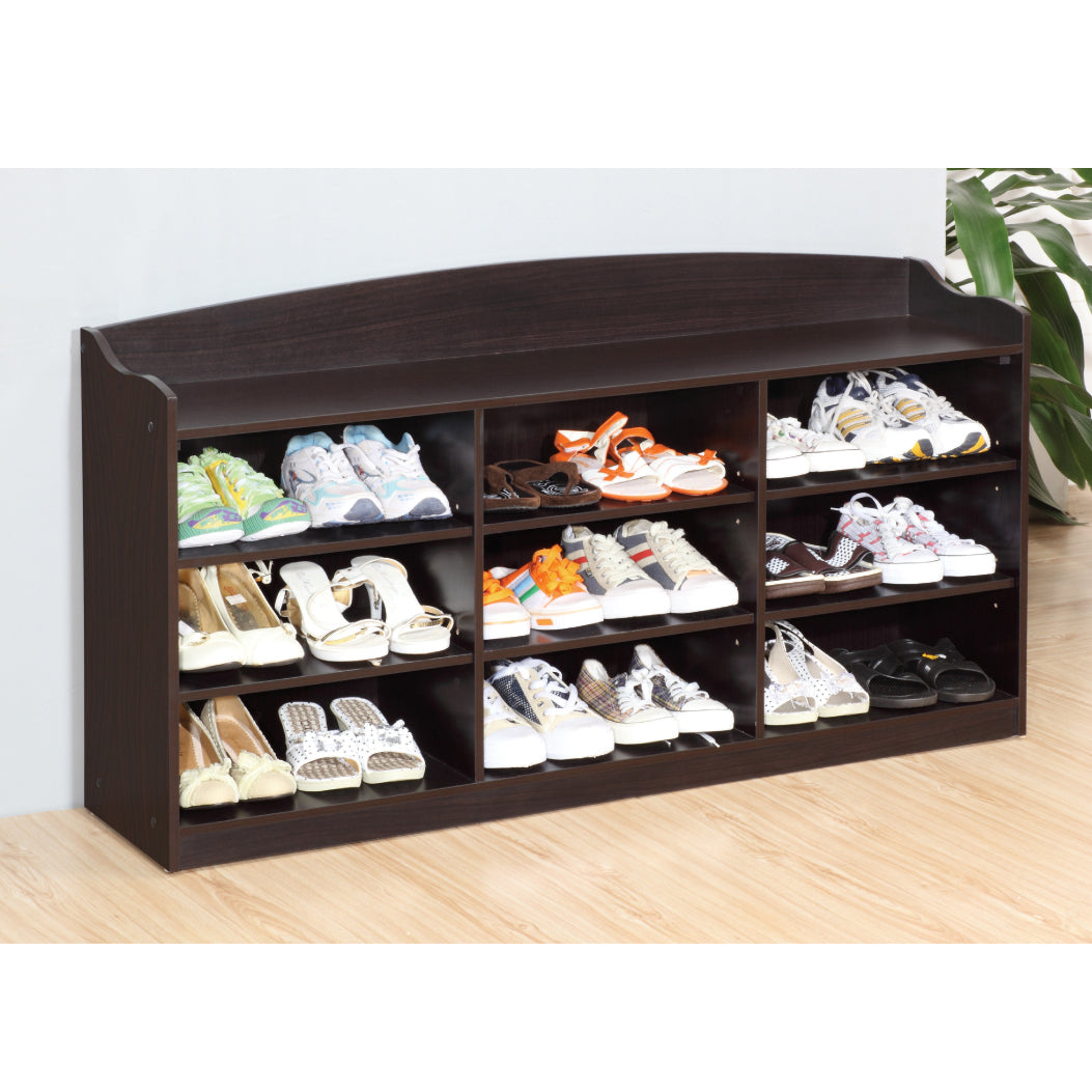 Dark brown tier shoe rack with assorted footwear