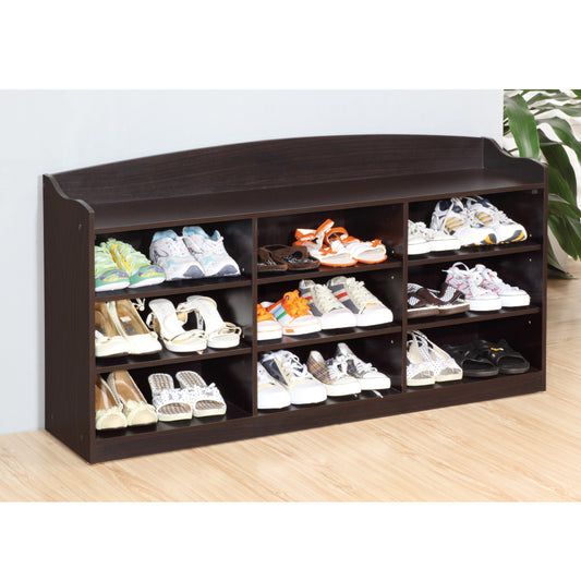 Dark brown tier shoe rack with assorted footwear