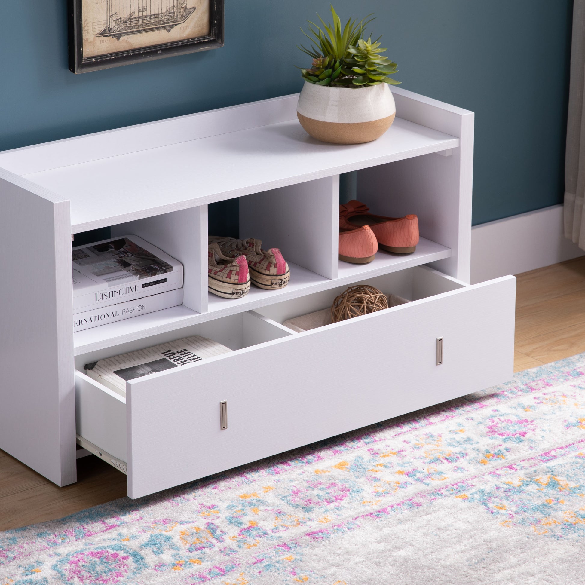 White entryway bench with shoe storage shelves