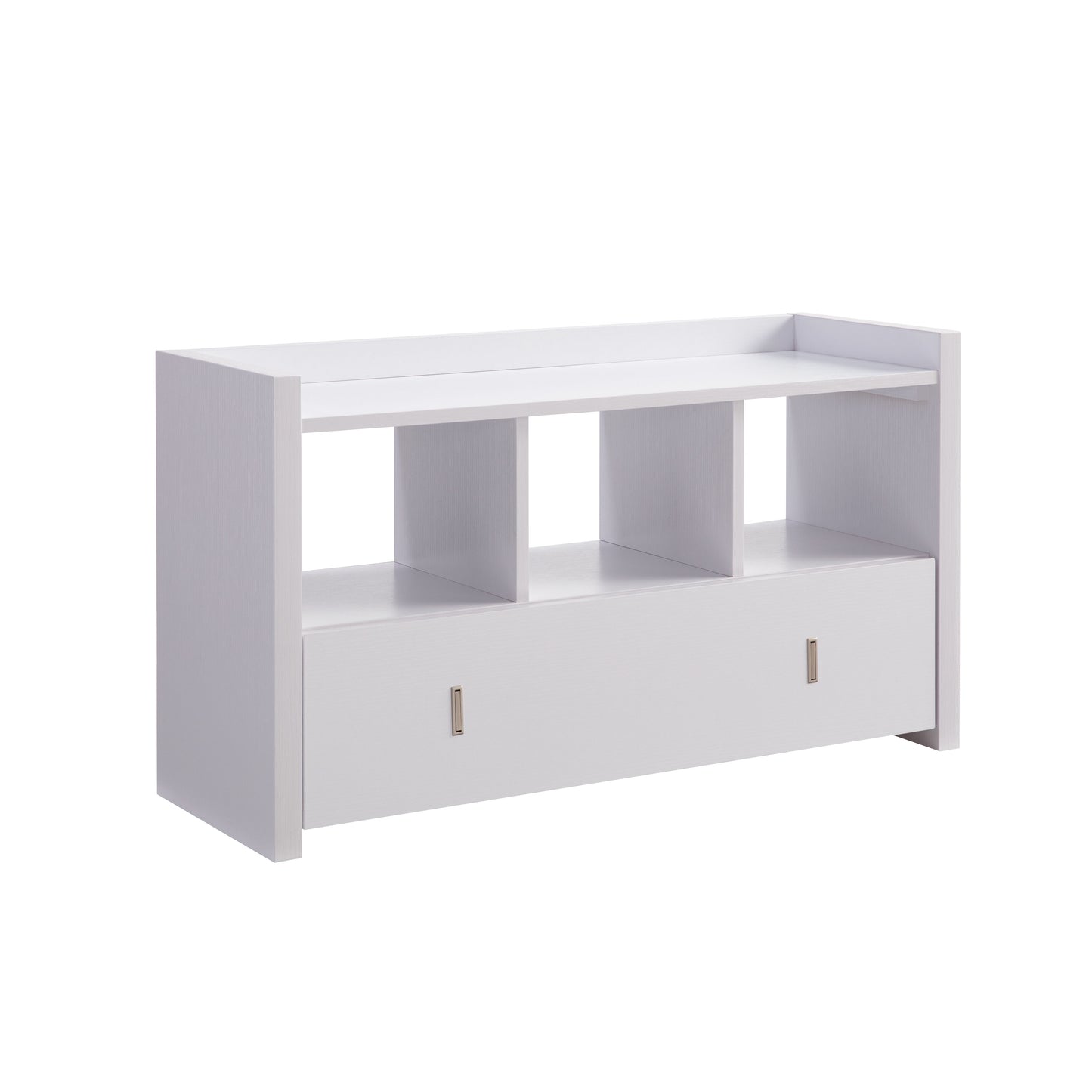 White modern entryway bench with two drawers and open shelving