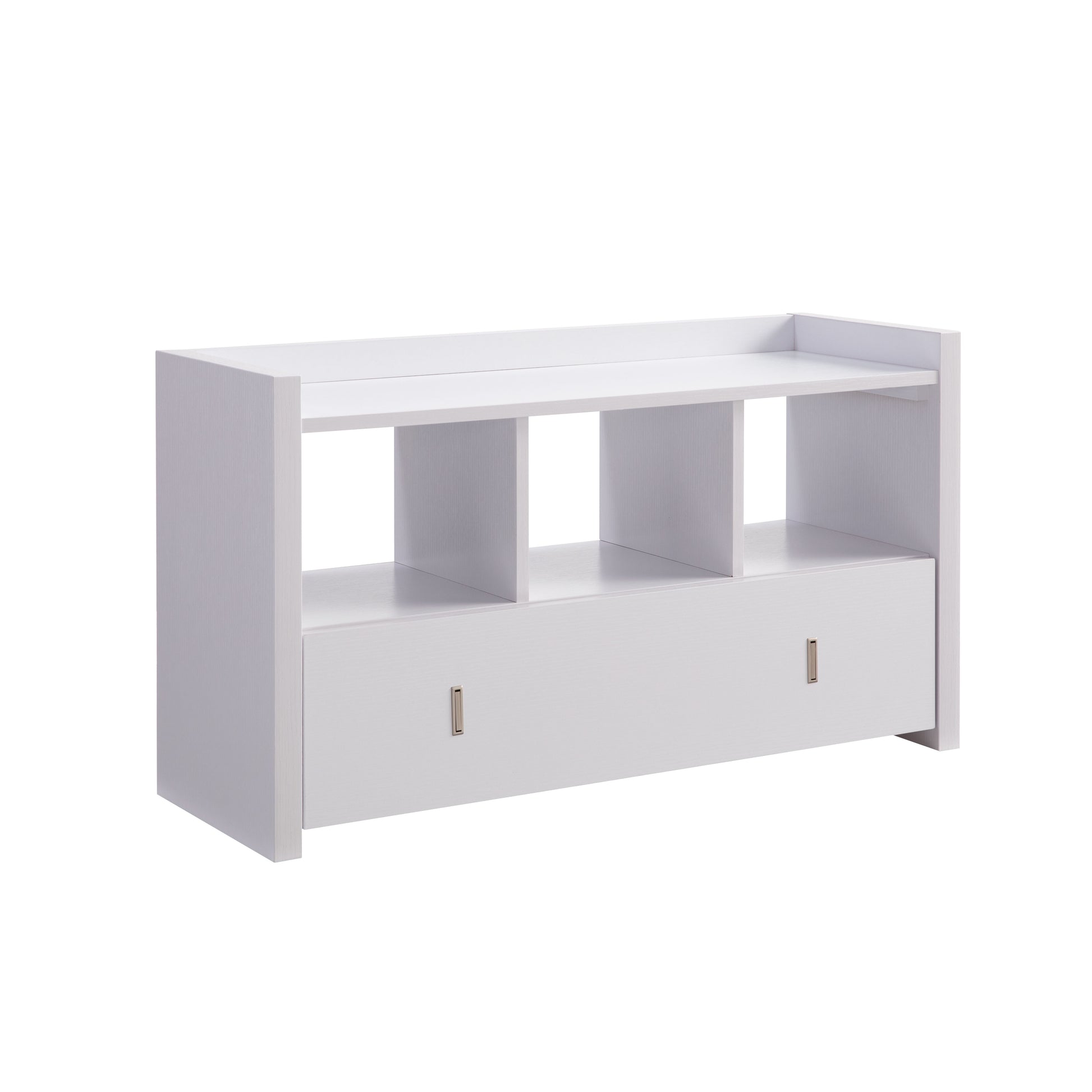White modern entryway bench with two drawers and open shelving
