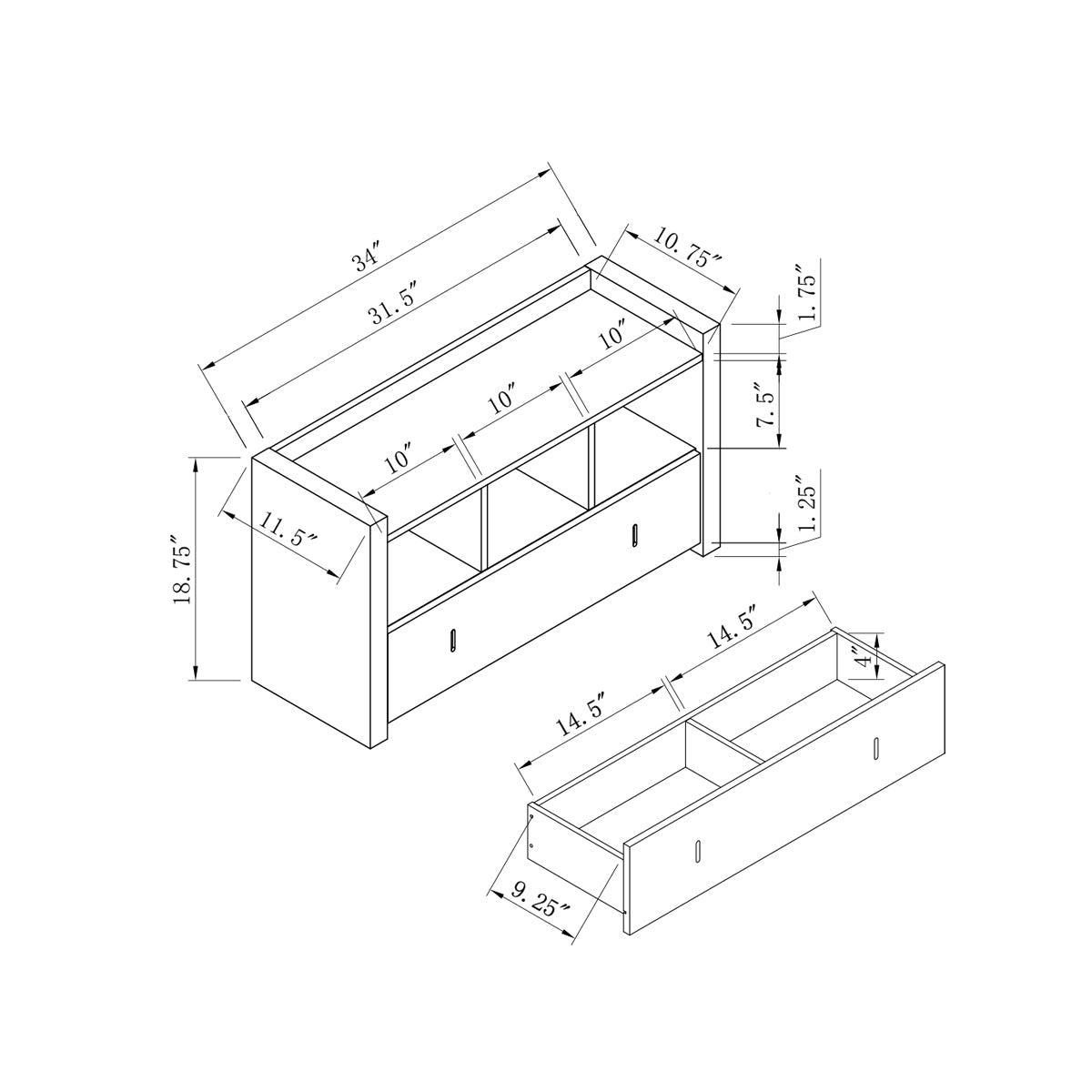 Line drawing of storage bench with dimensions