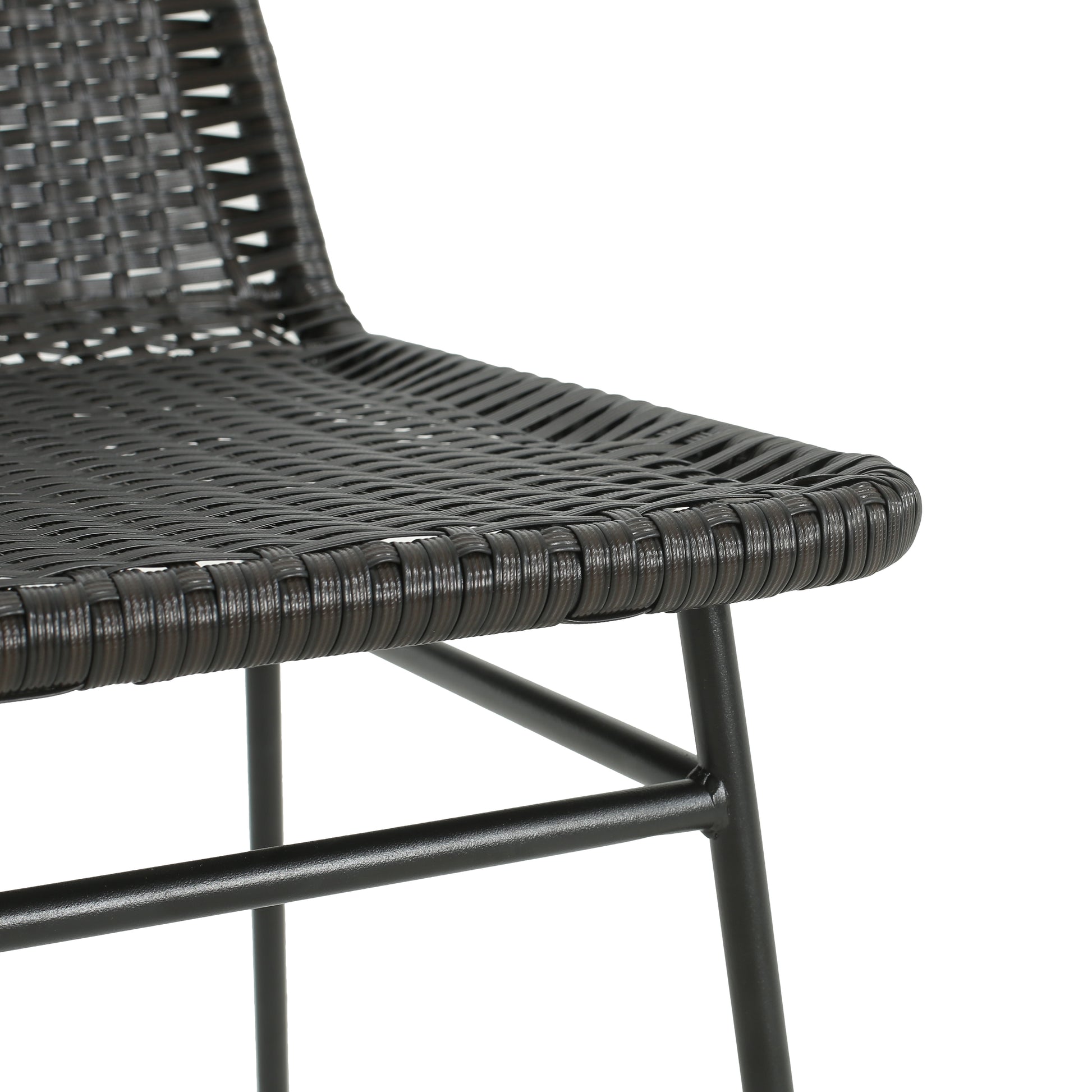 Dark brown woven rattan bar stool seat with black metal legs perfect for modern kitchens