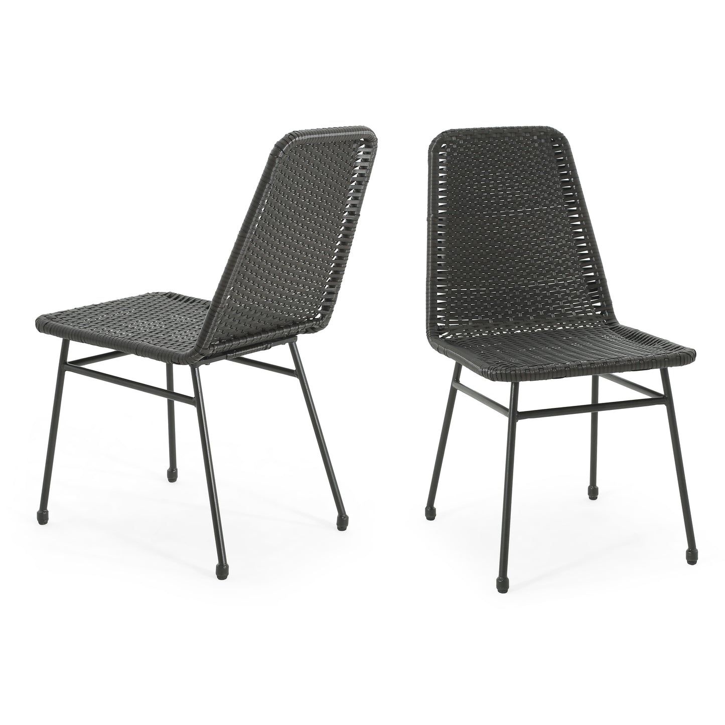 Dark grey woven outdoor chair with black metal legs set of two