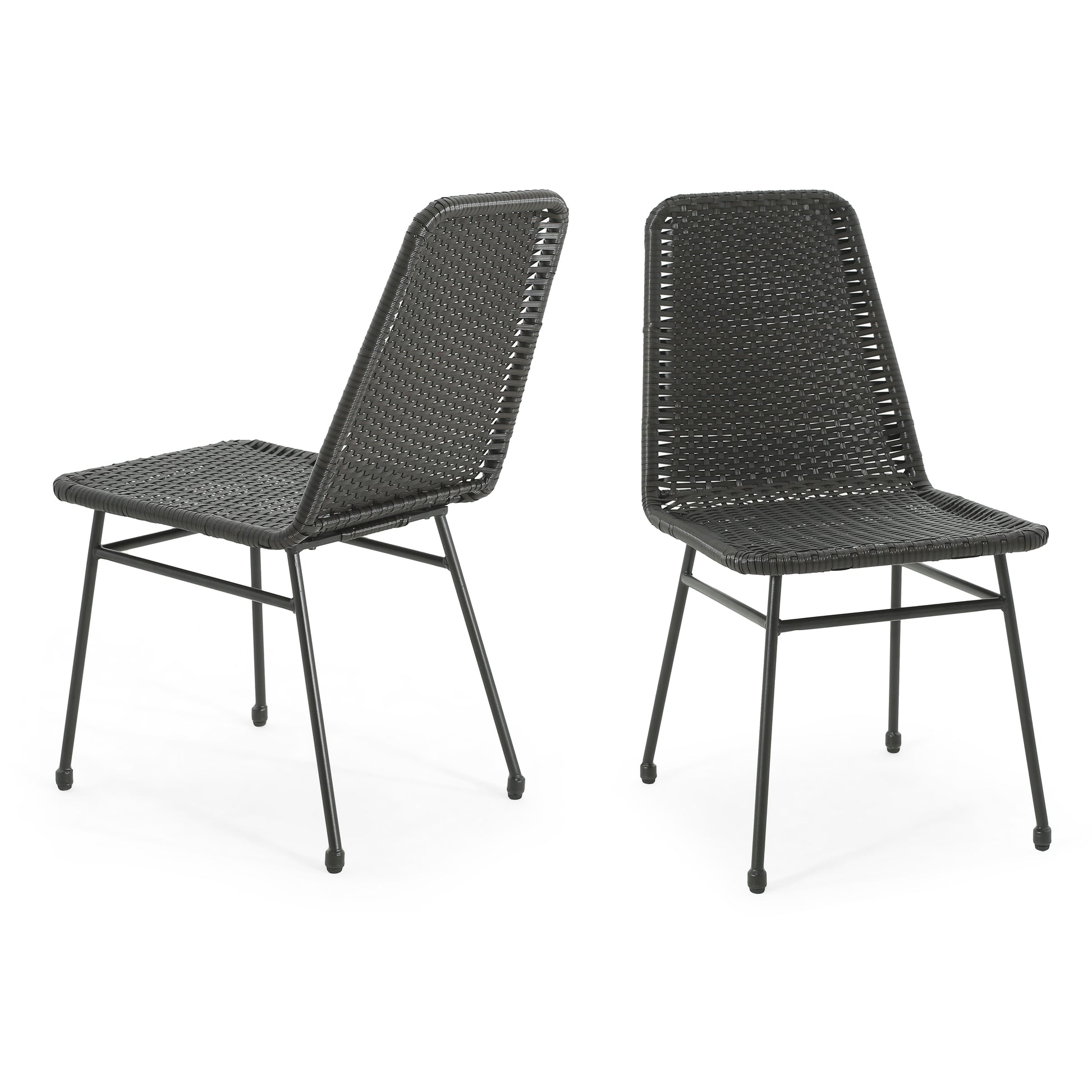 Dark grey woven outdoor chair with black metal legs set of two