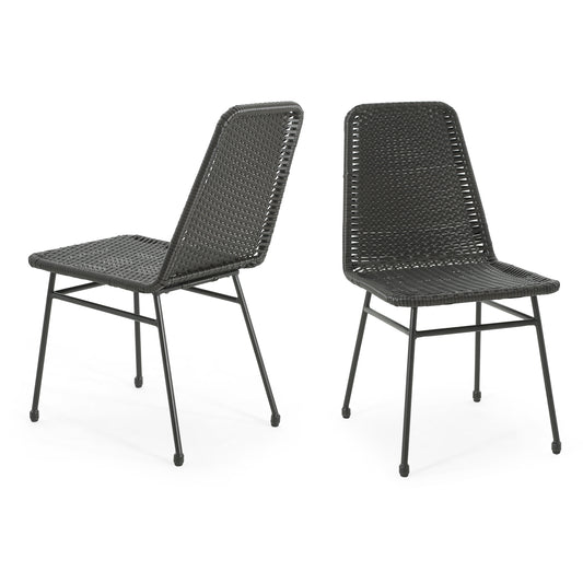 Dark grey woven outdoor chair with black metal legs set of two