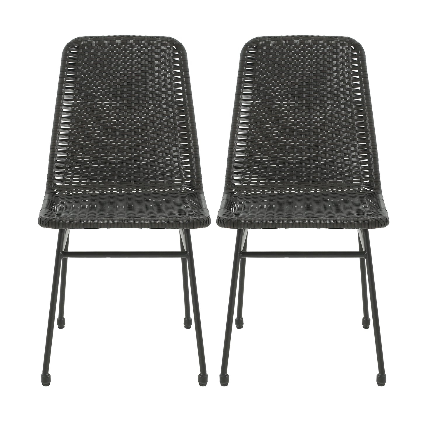 Pair of dark grey wicker dining chairs with metal legs ideal for patio use