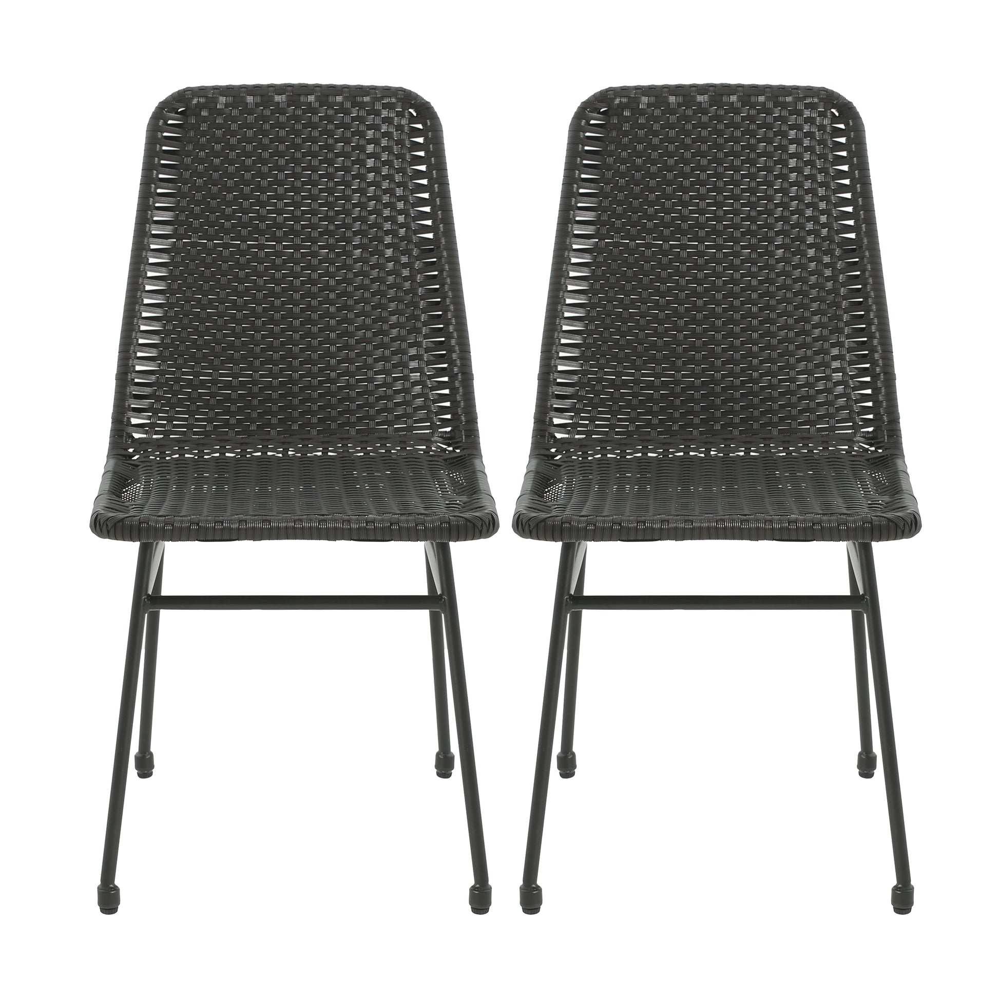 Pair of dark grey wicker dining chairs with metal legs ideal for patio use