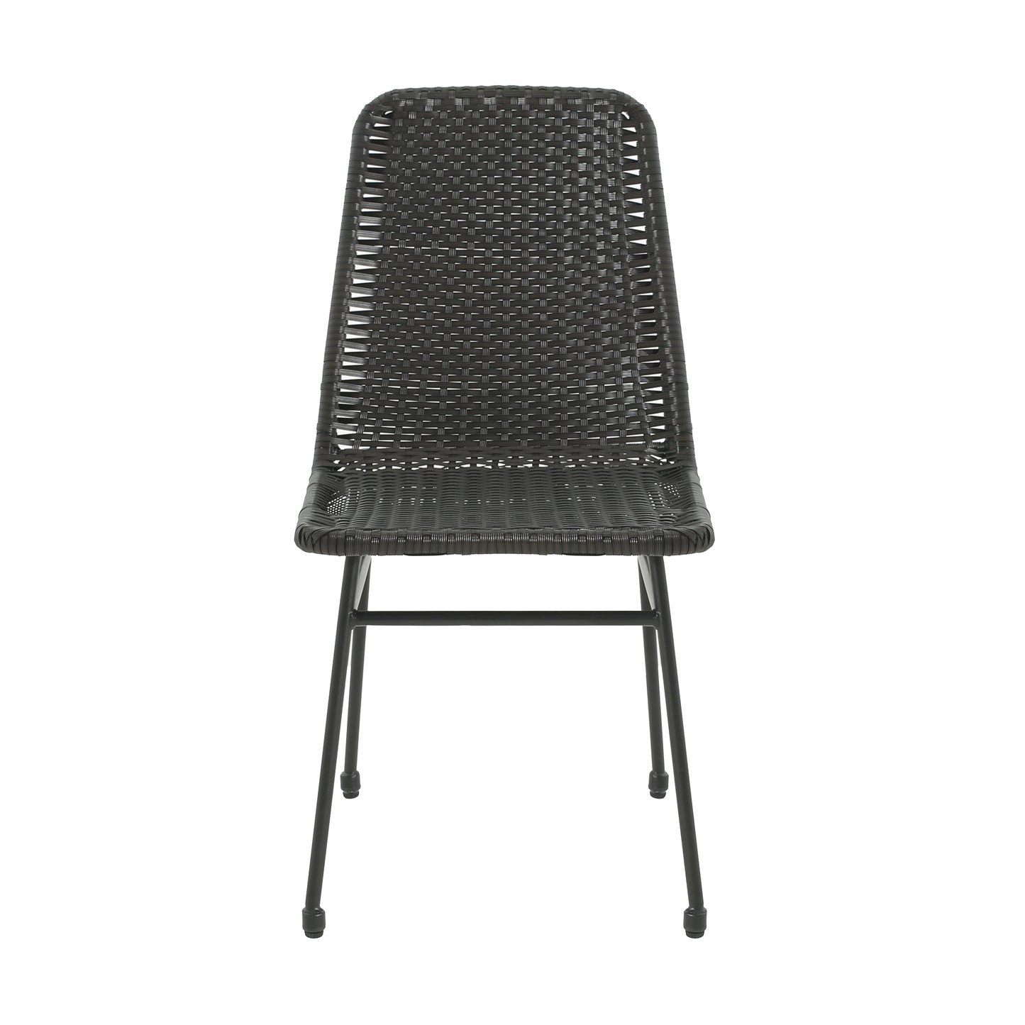 Dark gray woven rattan dining chair with sleek black metal legs perfect for modern patios