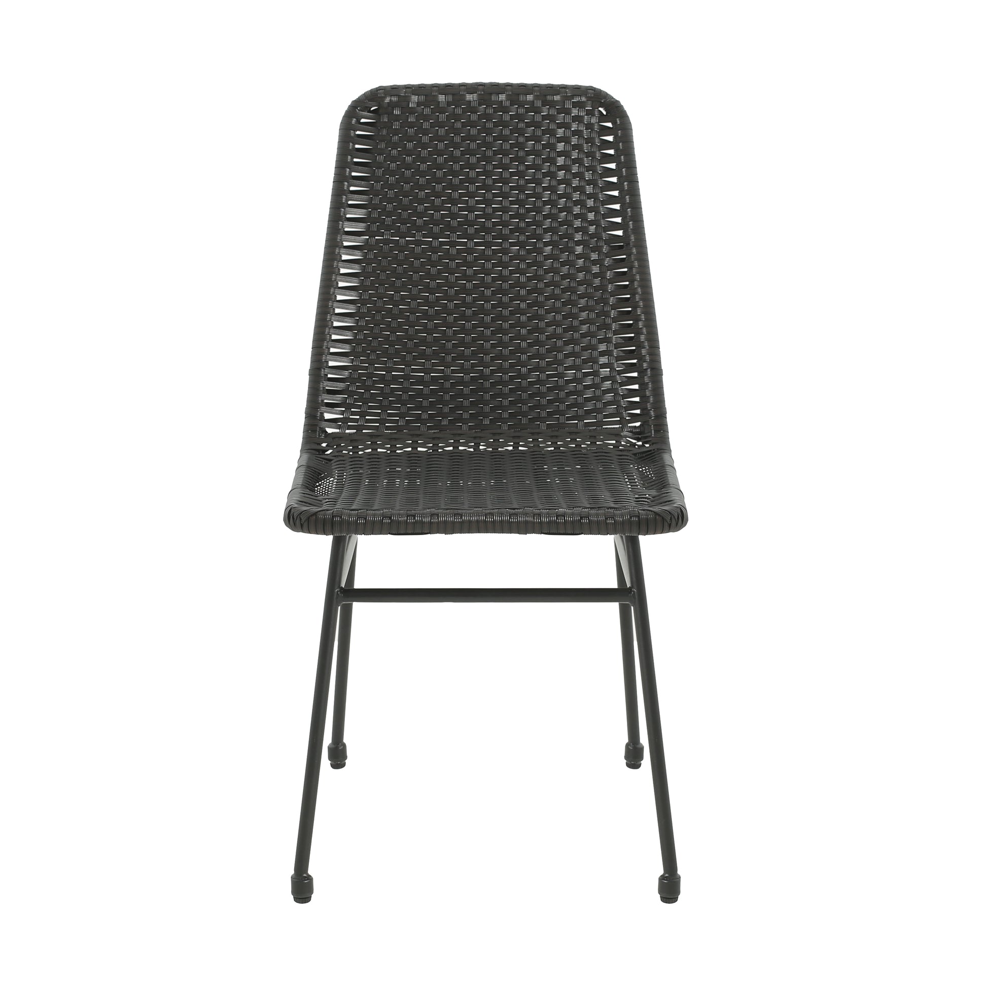 Dark gray woven rattan dining chair with sleek black metal legs perfect for modern patios