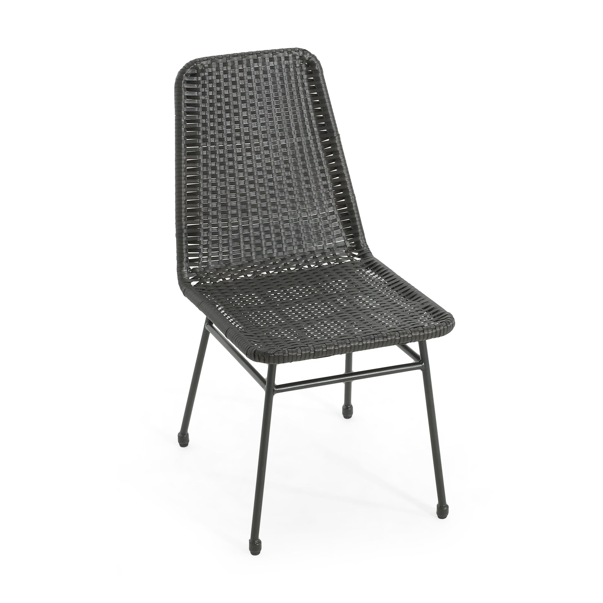 Modern dark grey rattan dining chair with black metal legs ideal for outdoor patios
