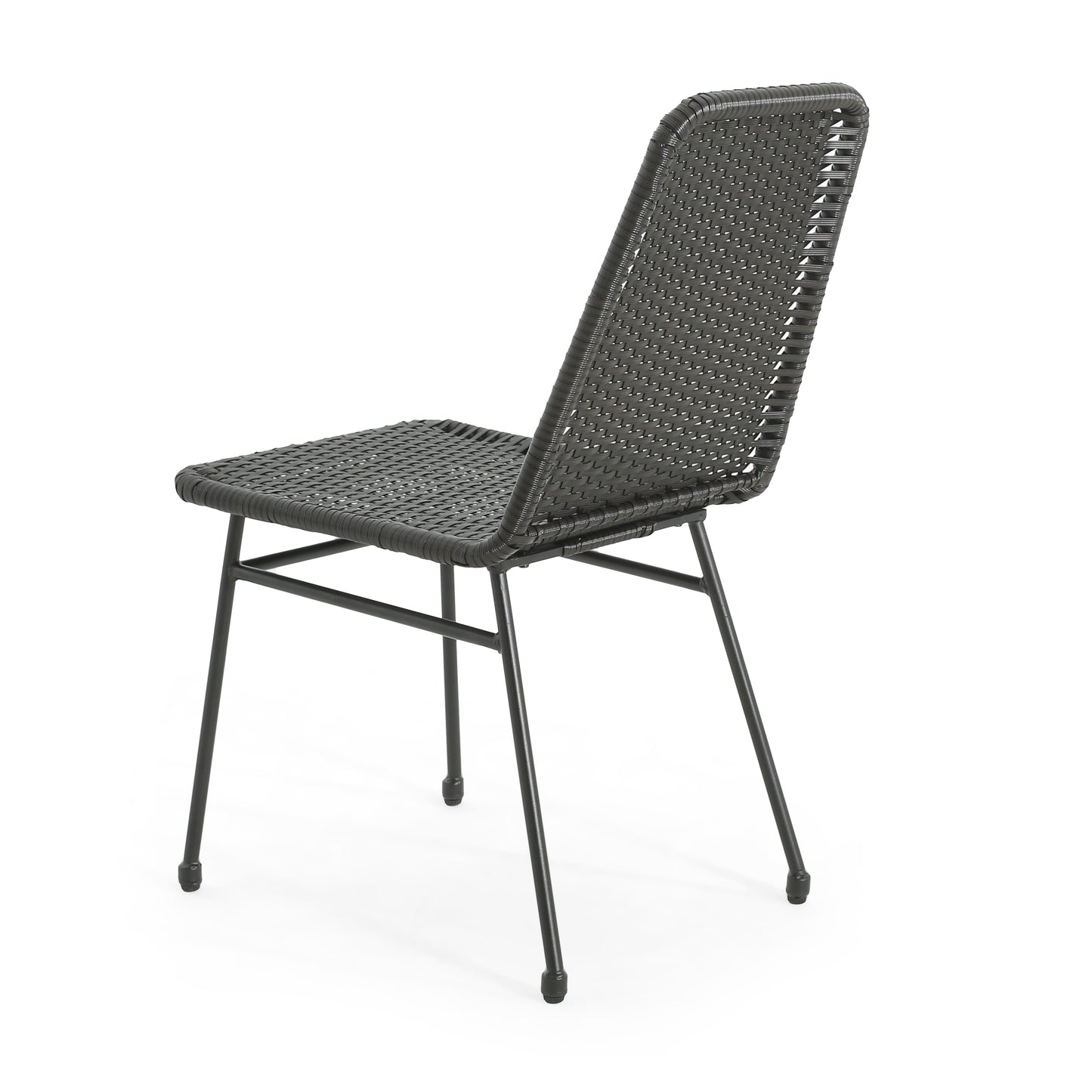 Dark gray woven rattan dining chair with black metal legs