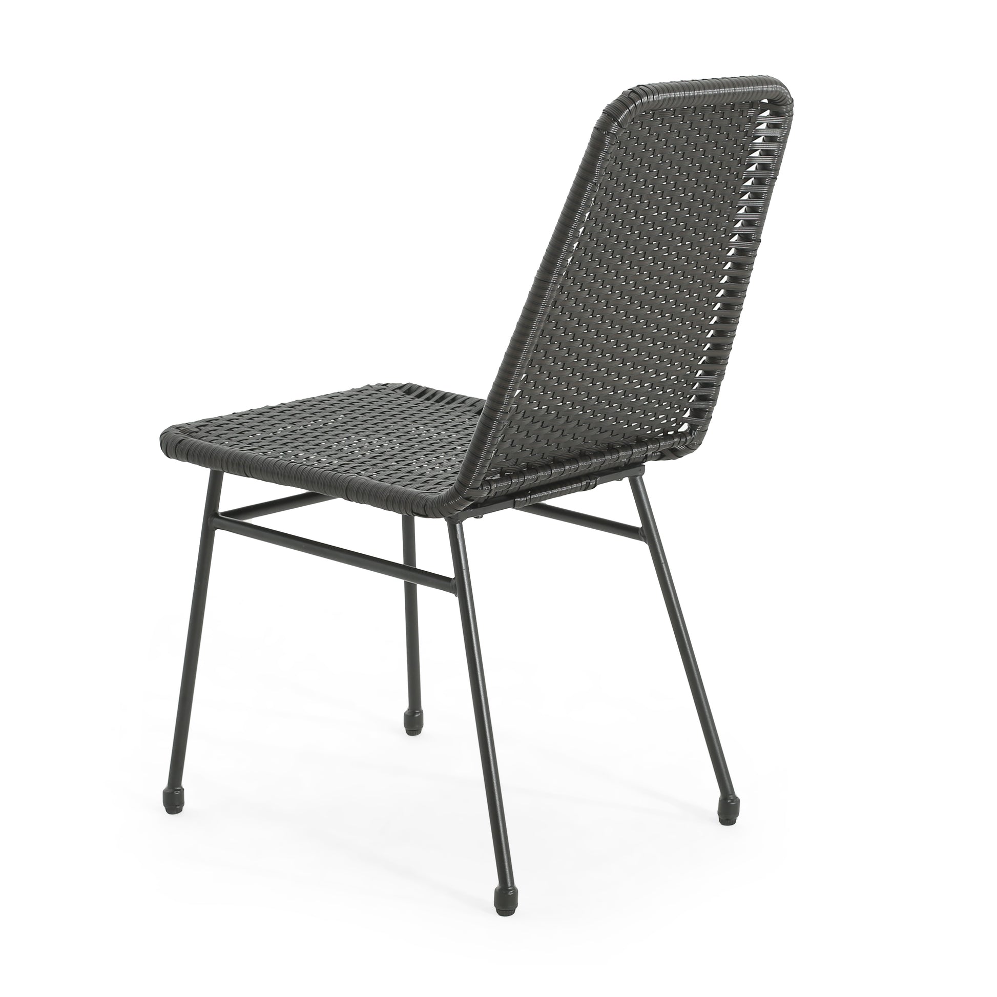 Dark gray woven rattan dining chair with black metal legs