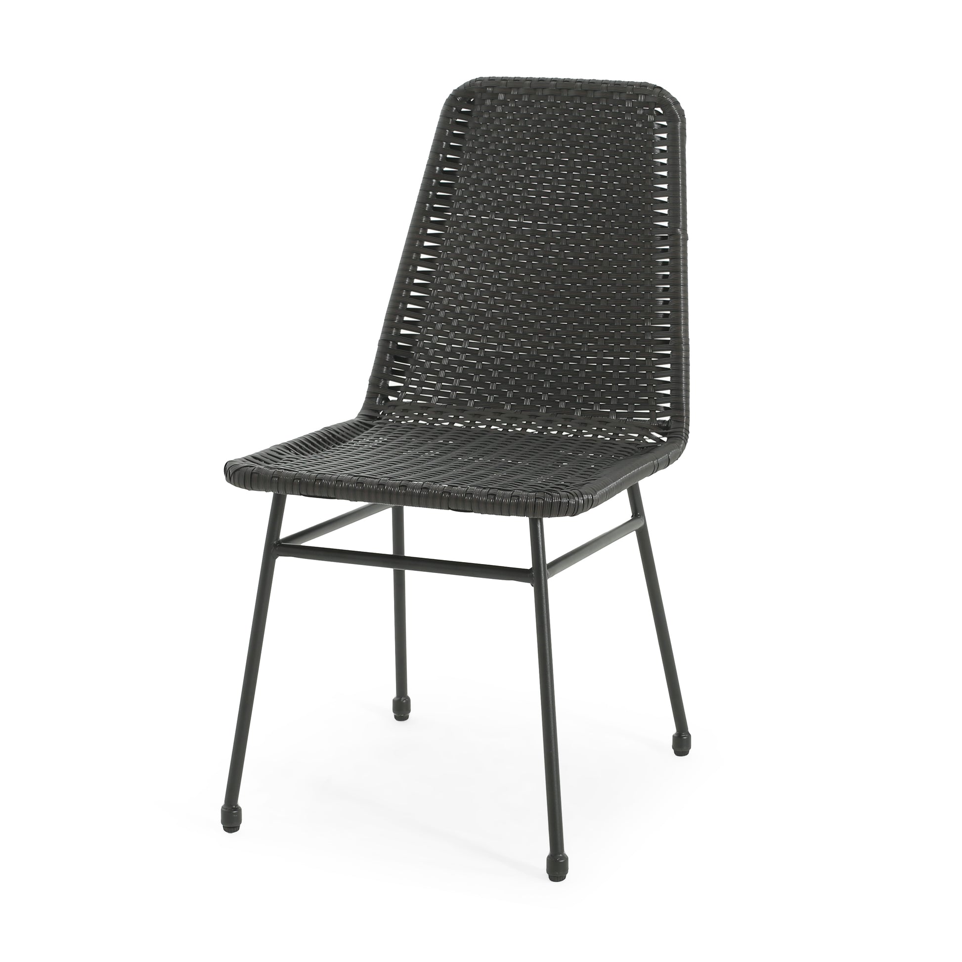Dark grey woven outdoor chair with slender metal legs perfect for patios and dining
