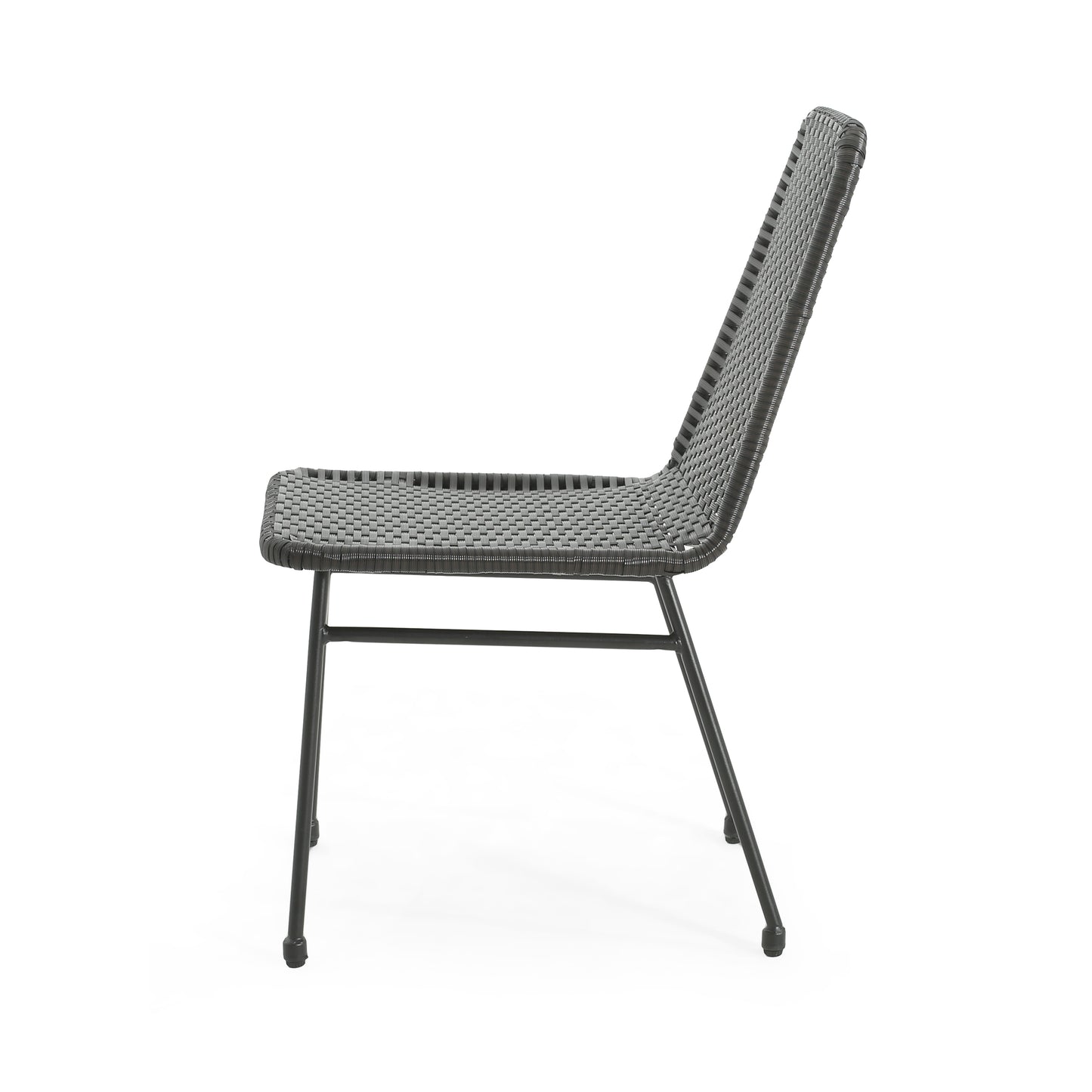 Gray woven outdoor chair with slim black metal legs perfect for patio seating