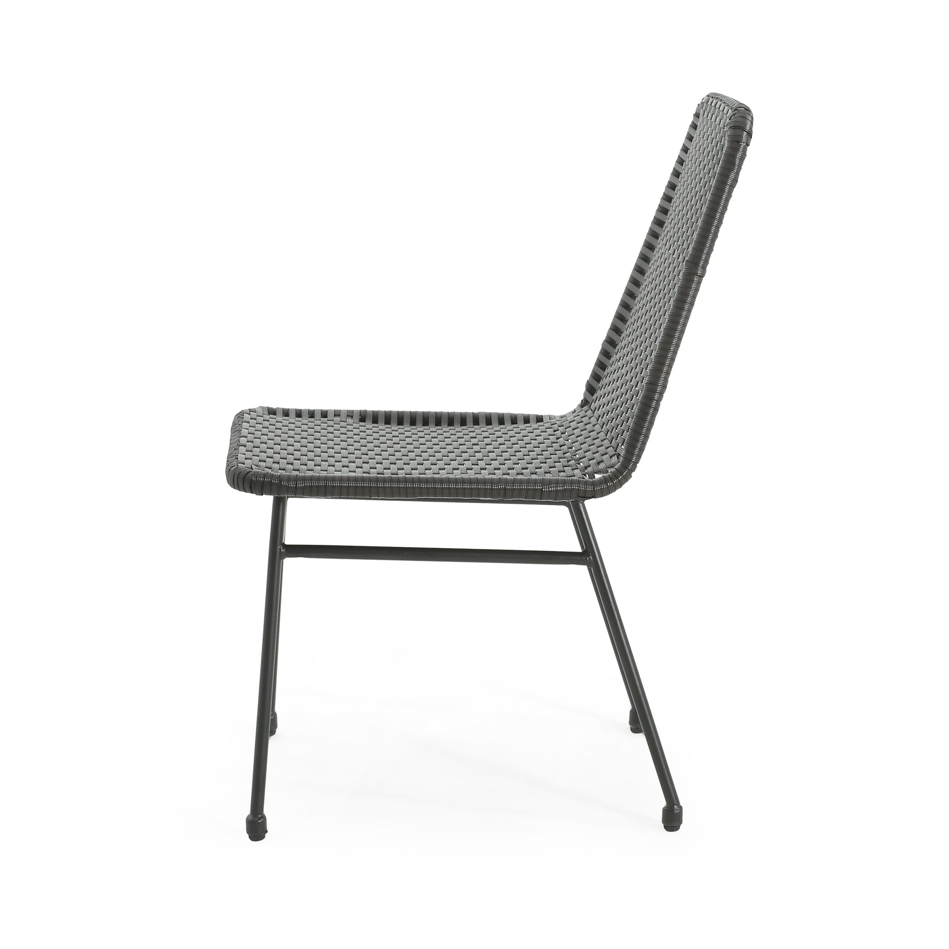 Gray woven outdoor chair with slim black metal legs perfect for patio seating