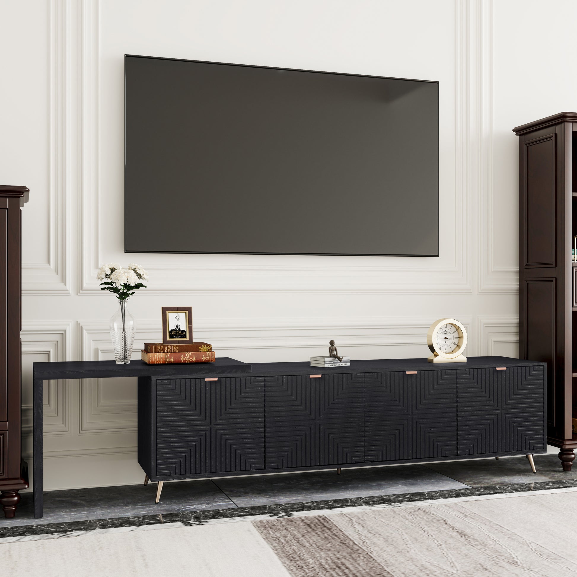 Black wood sideboard with geometric front panels rose gold handles and gold legs perfect for living rooms