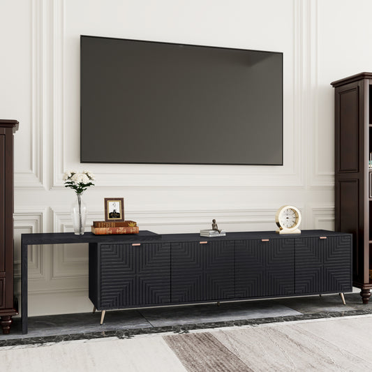 Black wood sideboard with geometric front panels rose gold handles and gold legs perfect for living rooms