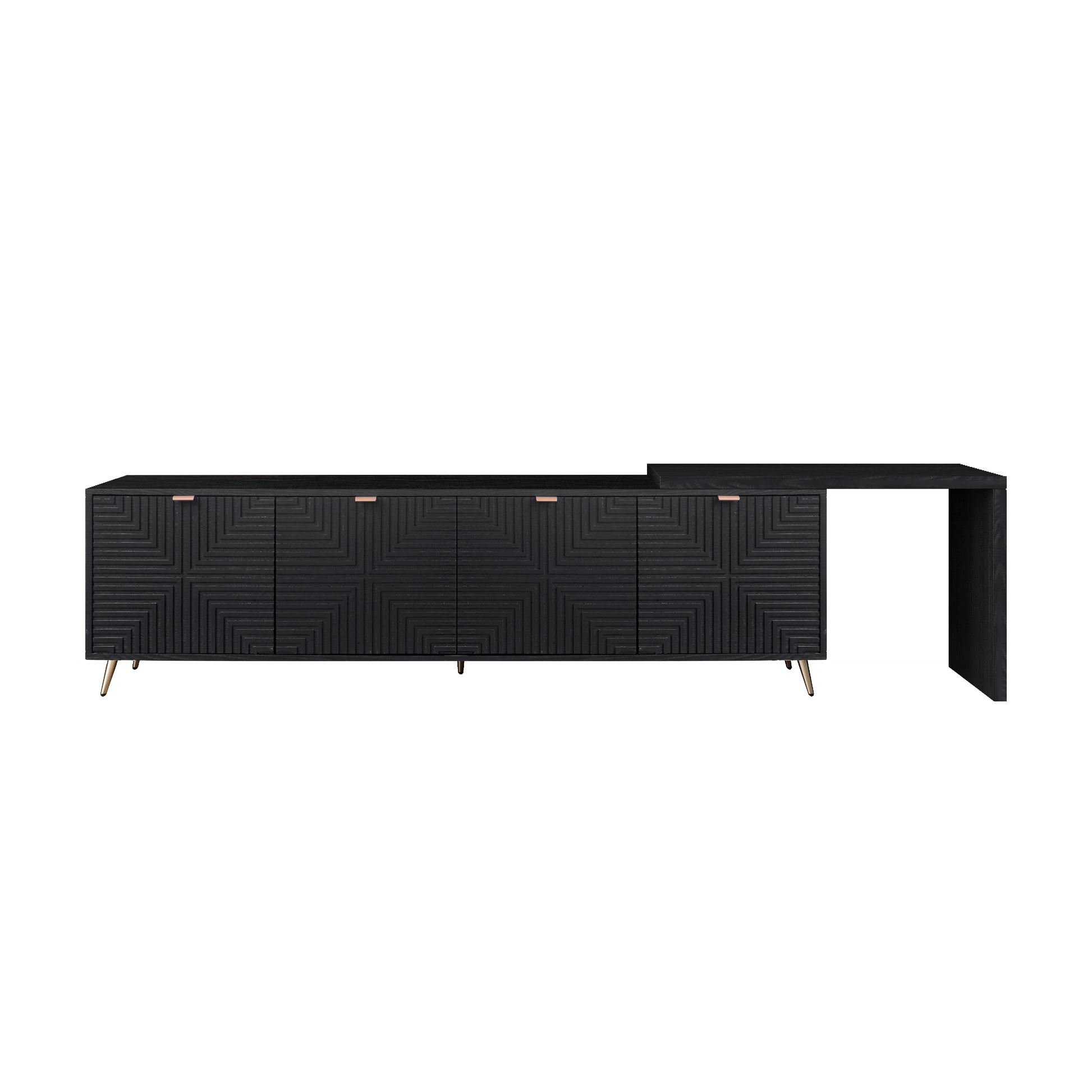 Black carved wood credenza with four doors and gold tapered legs