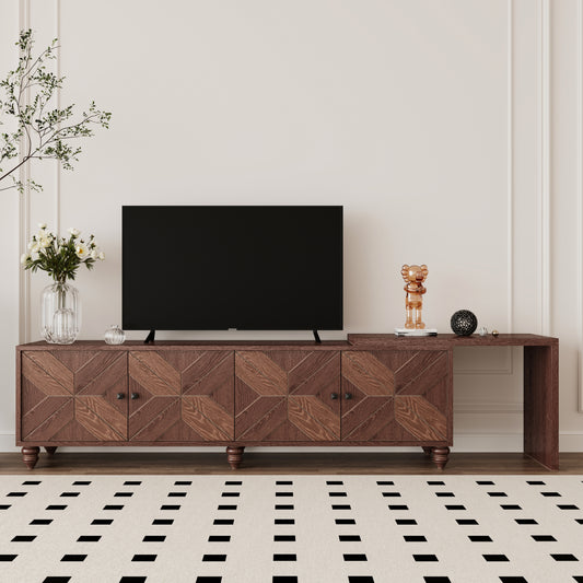 Dark wood media console with geometric pattern suitable for modern living rooms