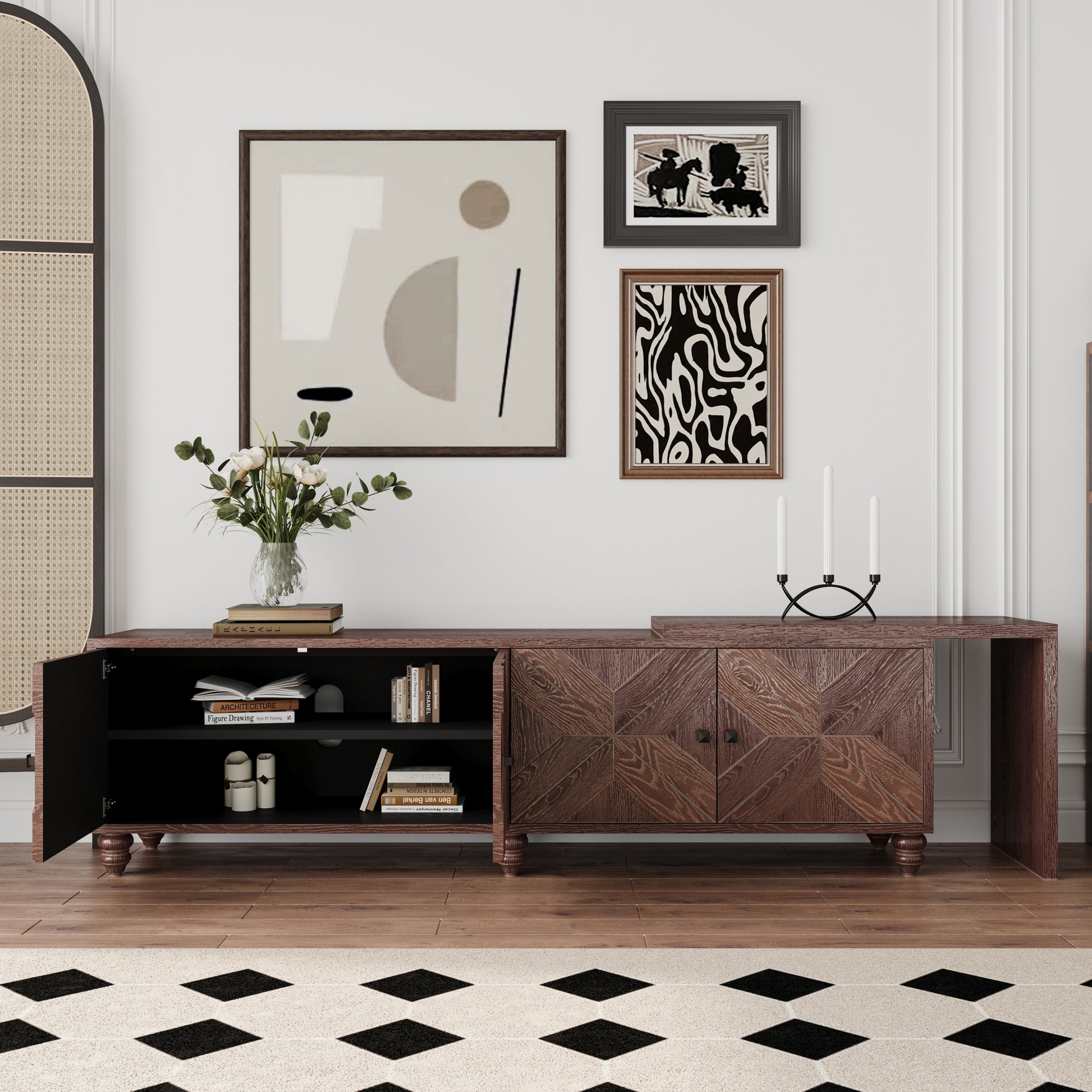 Dark wood sideboard with geometric inlay pattern and open shelving featuring books and decor