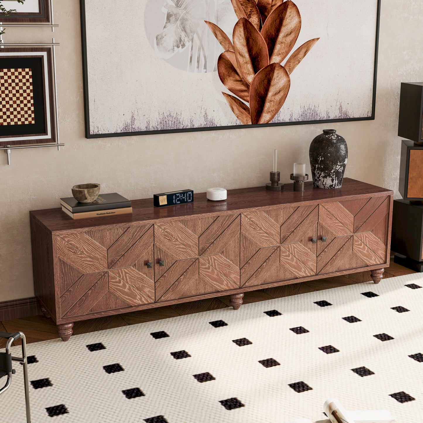 Midcentury modern media console in rich walnut wood with geometric drawer fronts
