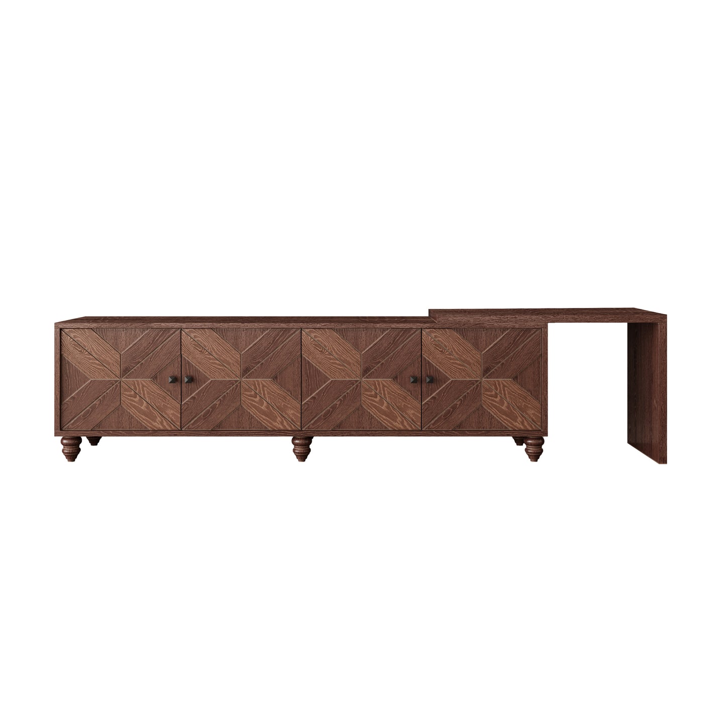 Dark wood sideboard with chevron pattern doors and ornate legs