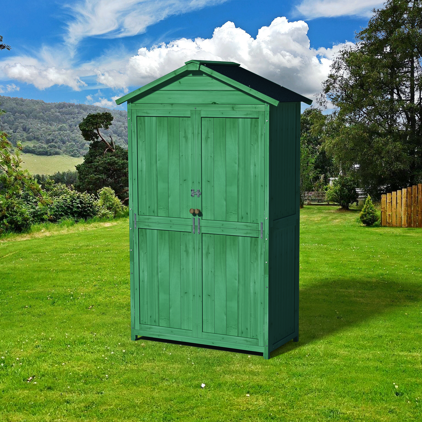 Green wooden garden shed with double doors ideal for tool storage