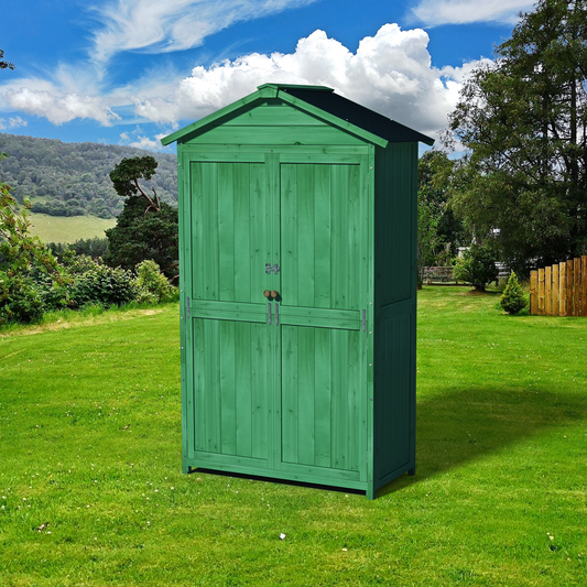 Green wooden garden shed with double doors ideal for tool storage