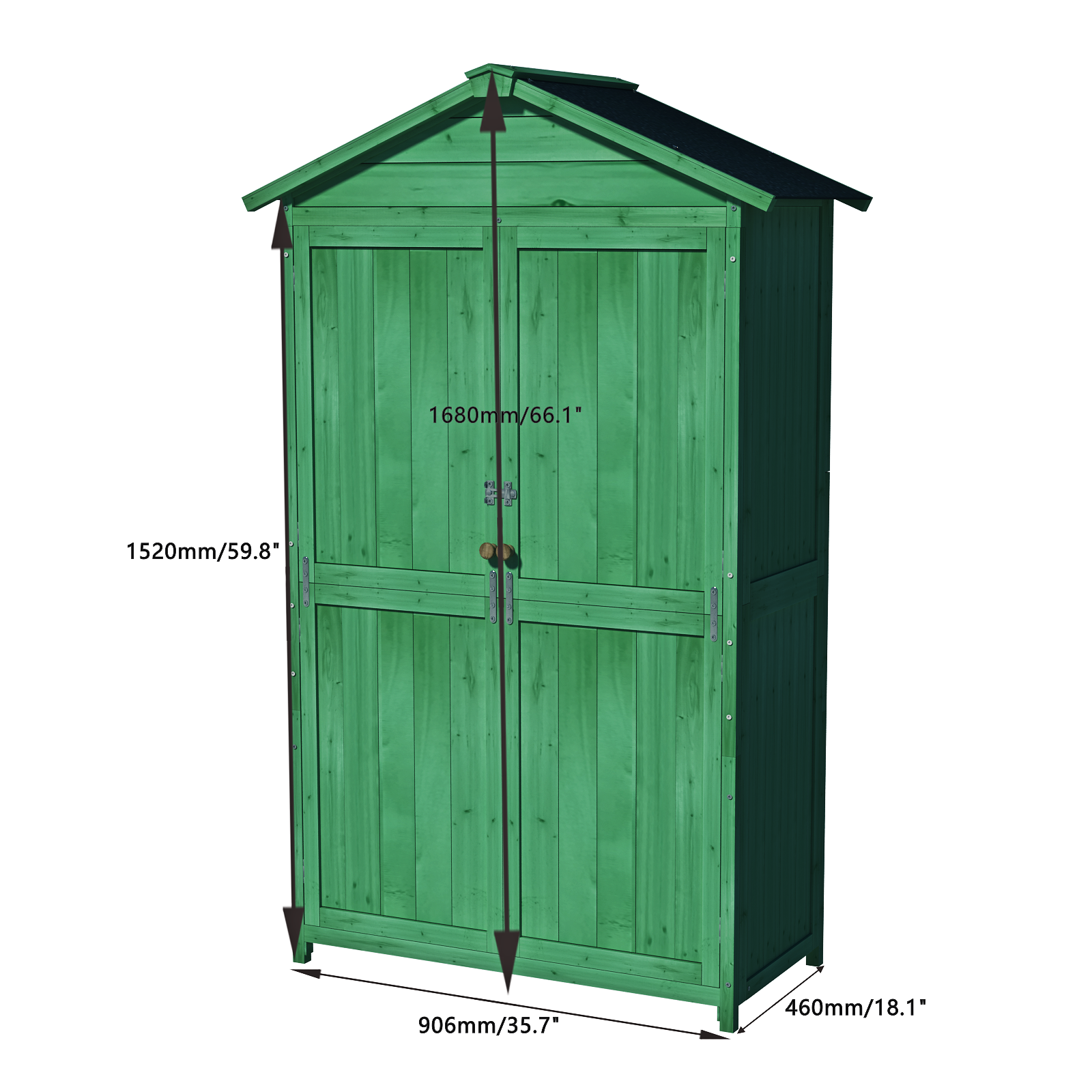 Green wooden garden shed with double doors and pitched roof mm height