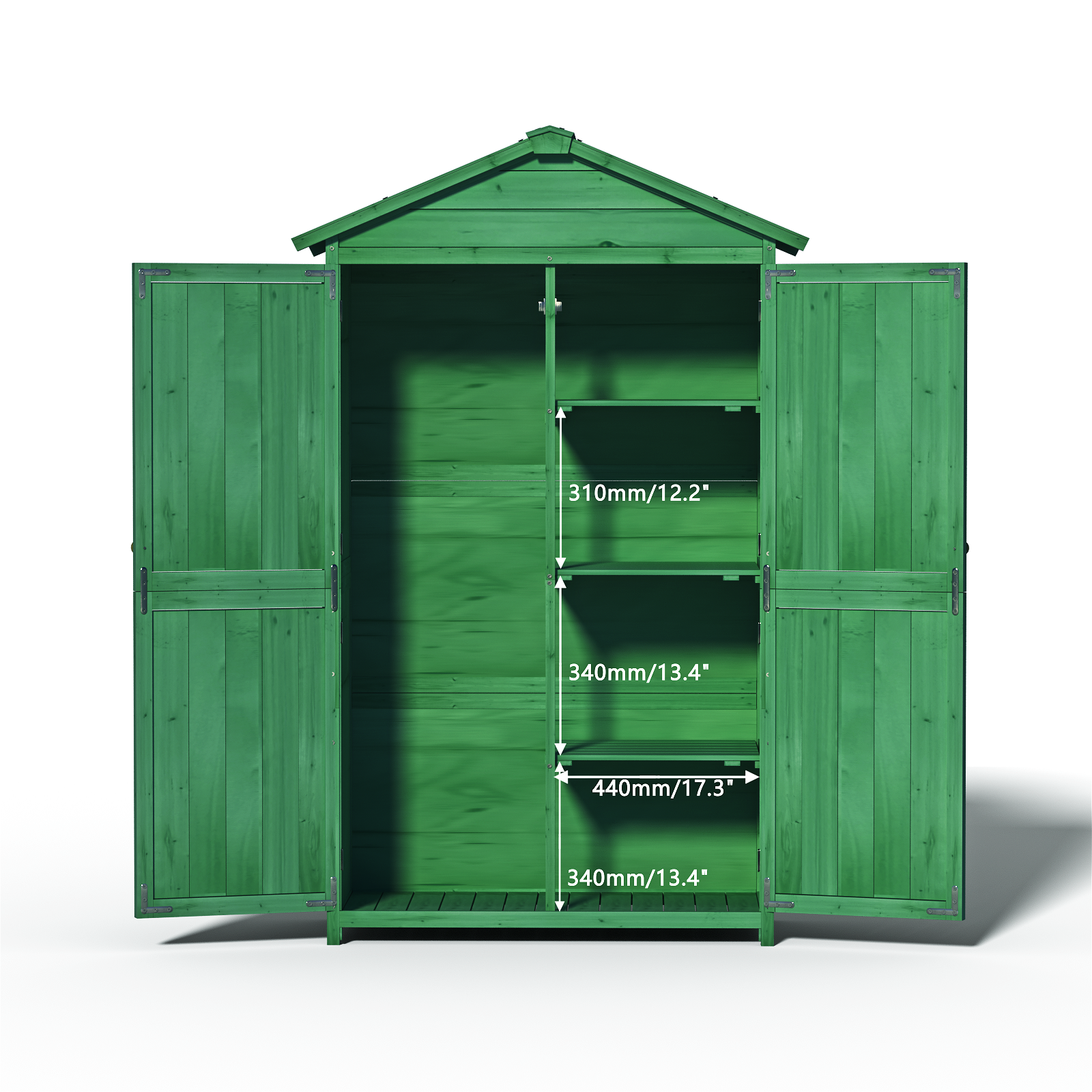 Green wooden garden shed with double doors open showing shelves and dimensions