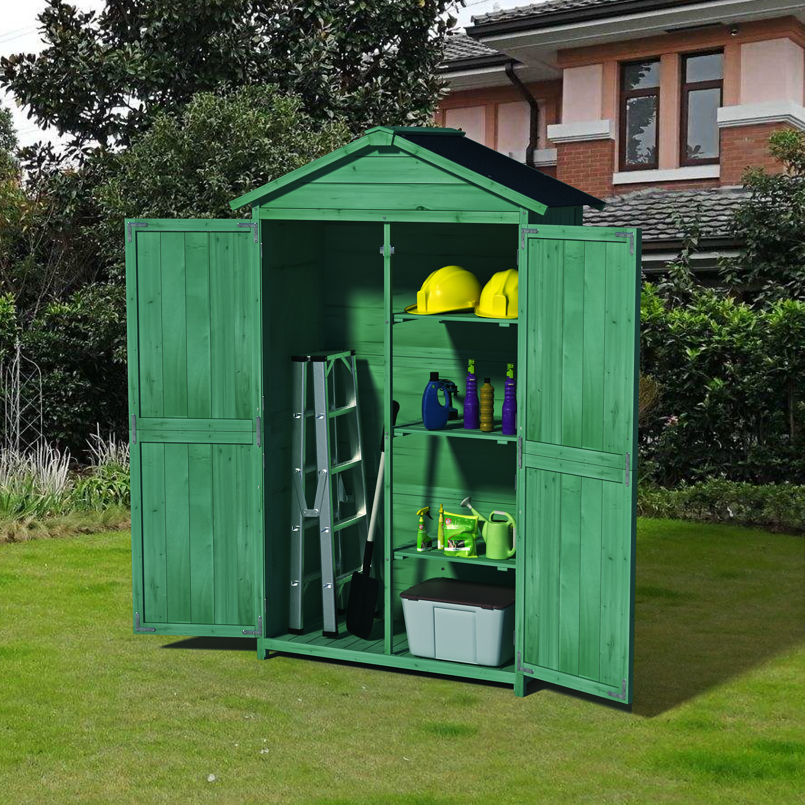 Green wooden garden storage shed with open doors holding tools helmets and supplies