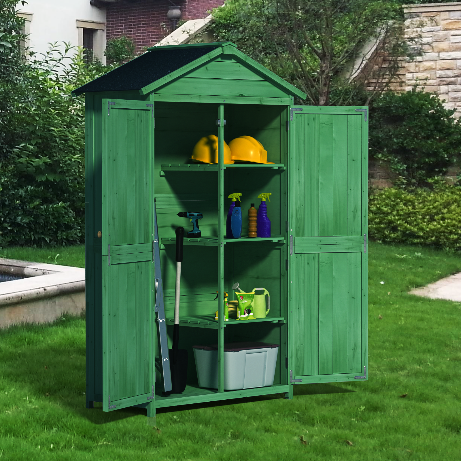 Green wooden garden storage shed with tools and safety helmets inside