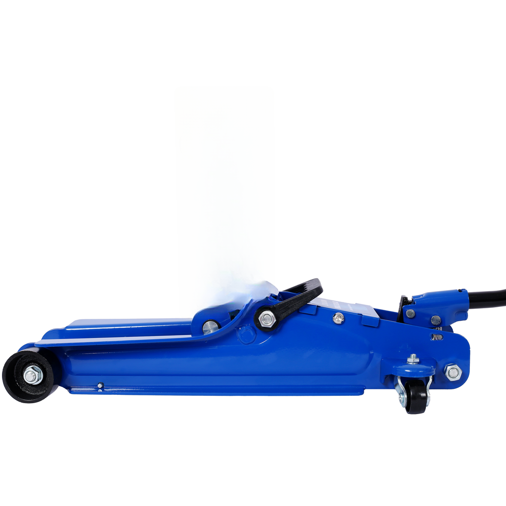Blue hydraulic floor jack with swivel casters for automotive lifting