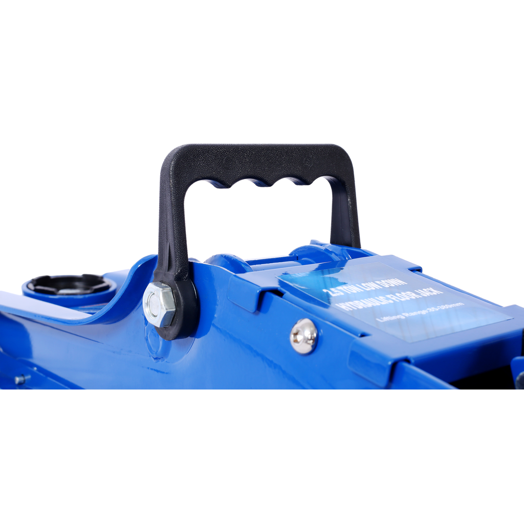 Blue  ton hydraulic floor jack with black carrying handle for car maintenance