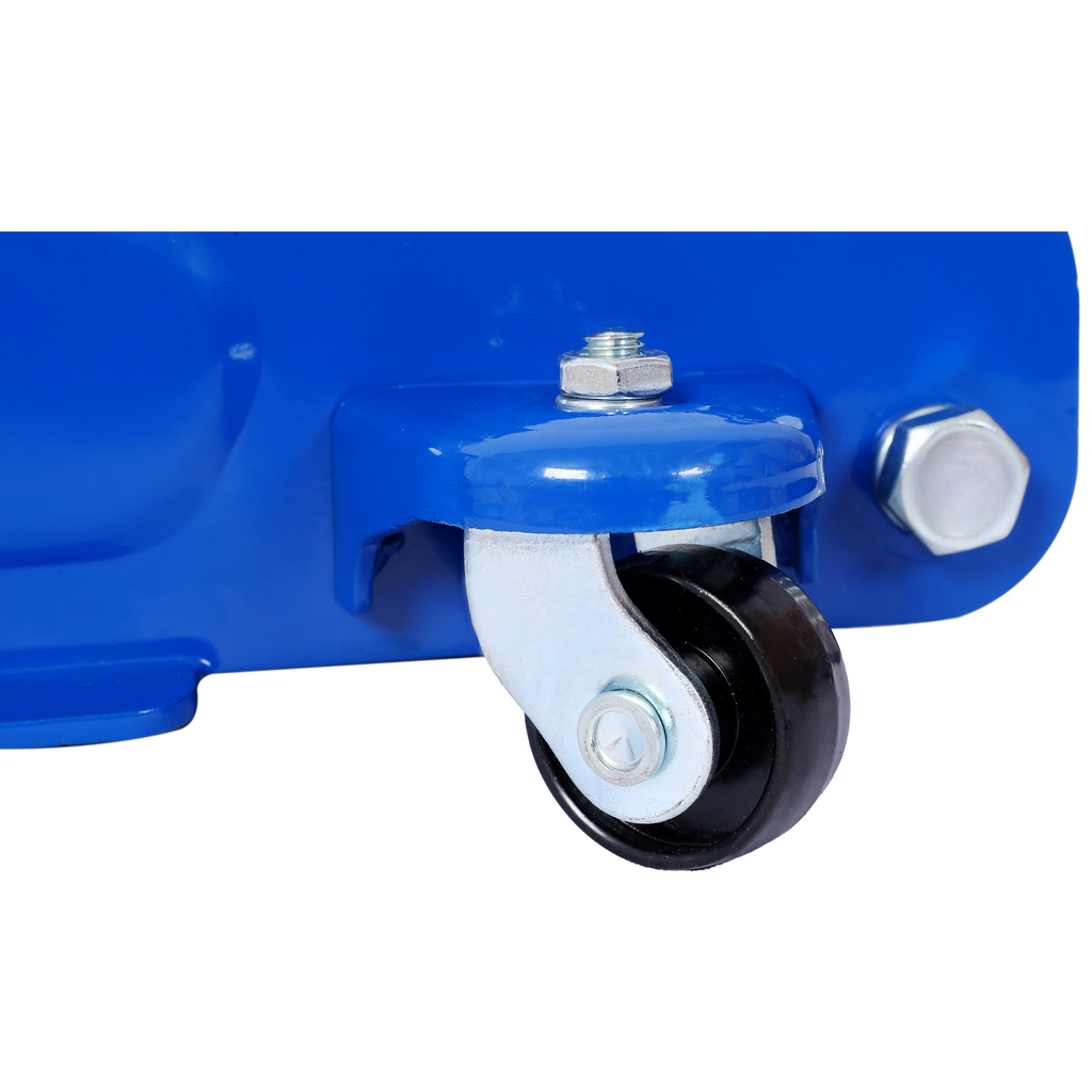 Closeup of a durable black rubber caster wheel attached to a blue steel frame