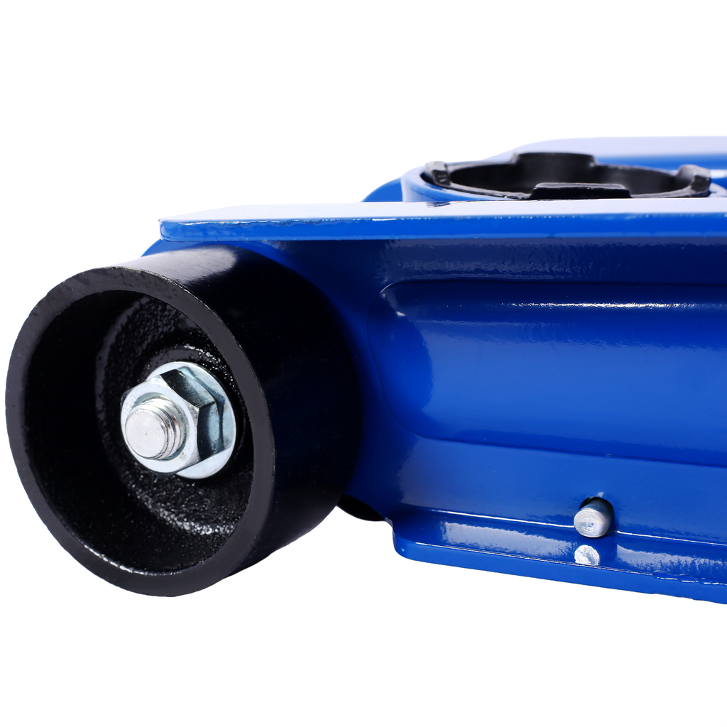 Blue hydraulic floor jack wheel and sturdy metal frame for car maintenance