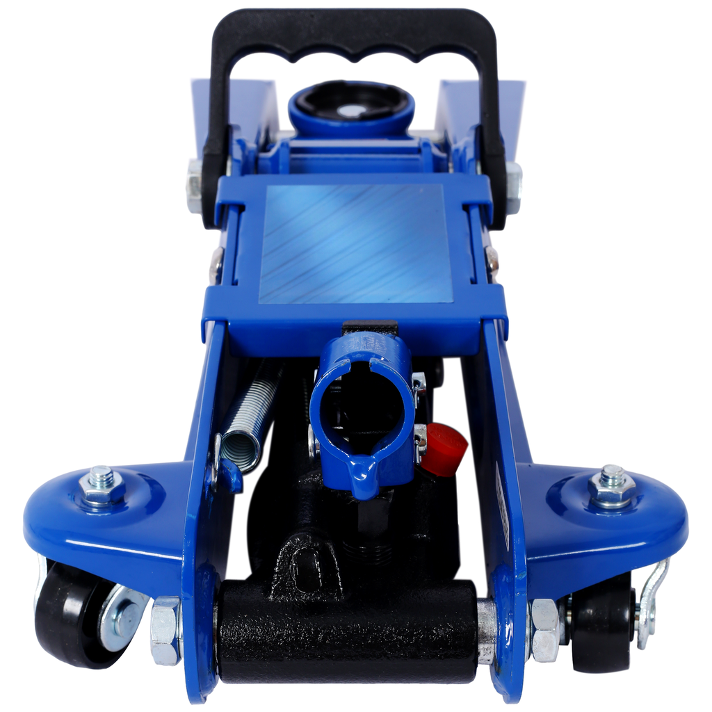Blue hydraulic floor jack with rubberized handle and heavyduty wheels