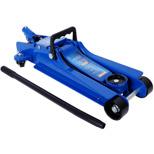 Blue hydraulic floor jack with handle for car maintenance