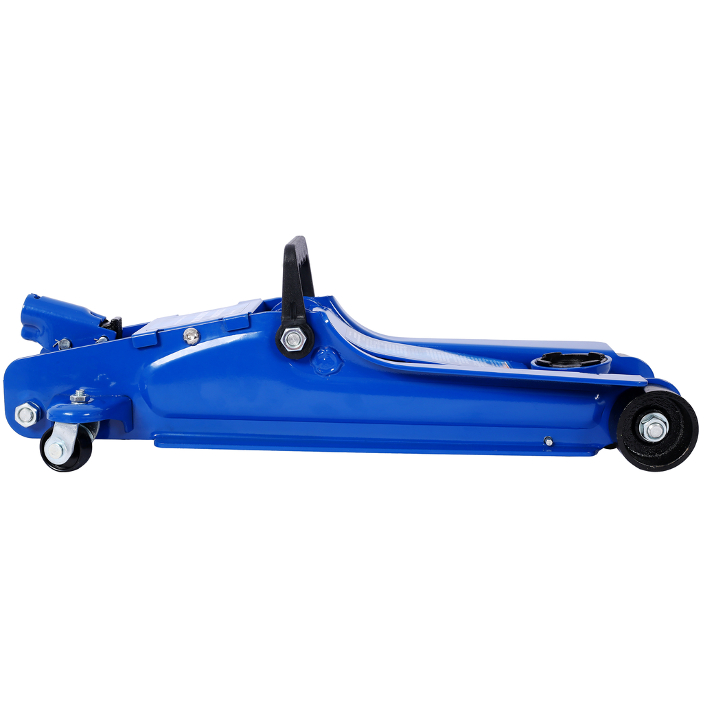 Blue hydraulic floor jack with low profile design and sturdy wheels