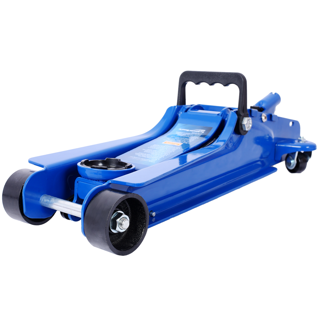 Blue hydraulic floor jack with sturdy wheels for automotive use