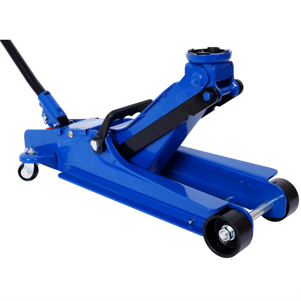 Blue low profile floor jack with black handle and wheels