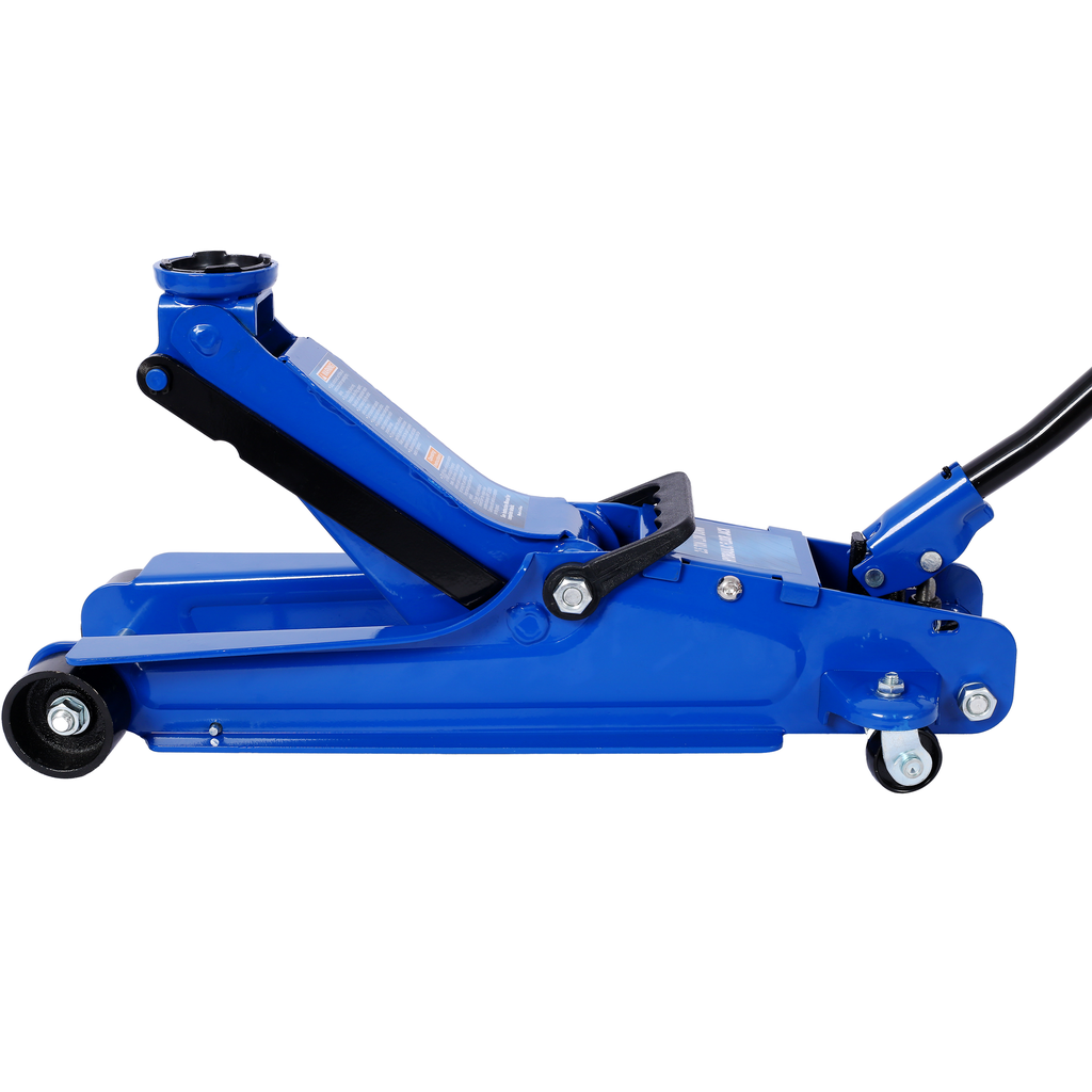 Blue hydraulic floor jack with black accents ideal for automotive repair
