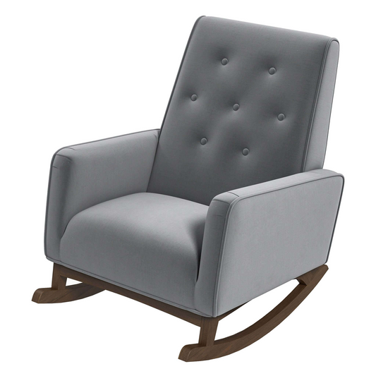 Tufted grey fabric modern rocking chair with dark wood base