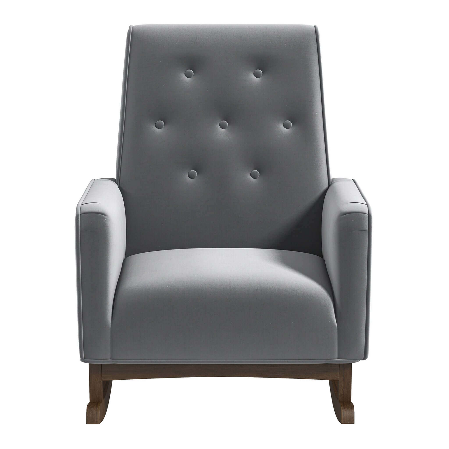 Grey velvet upholstered rocking chair with tufted back and wooden base