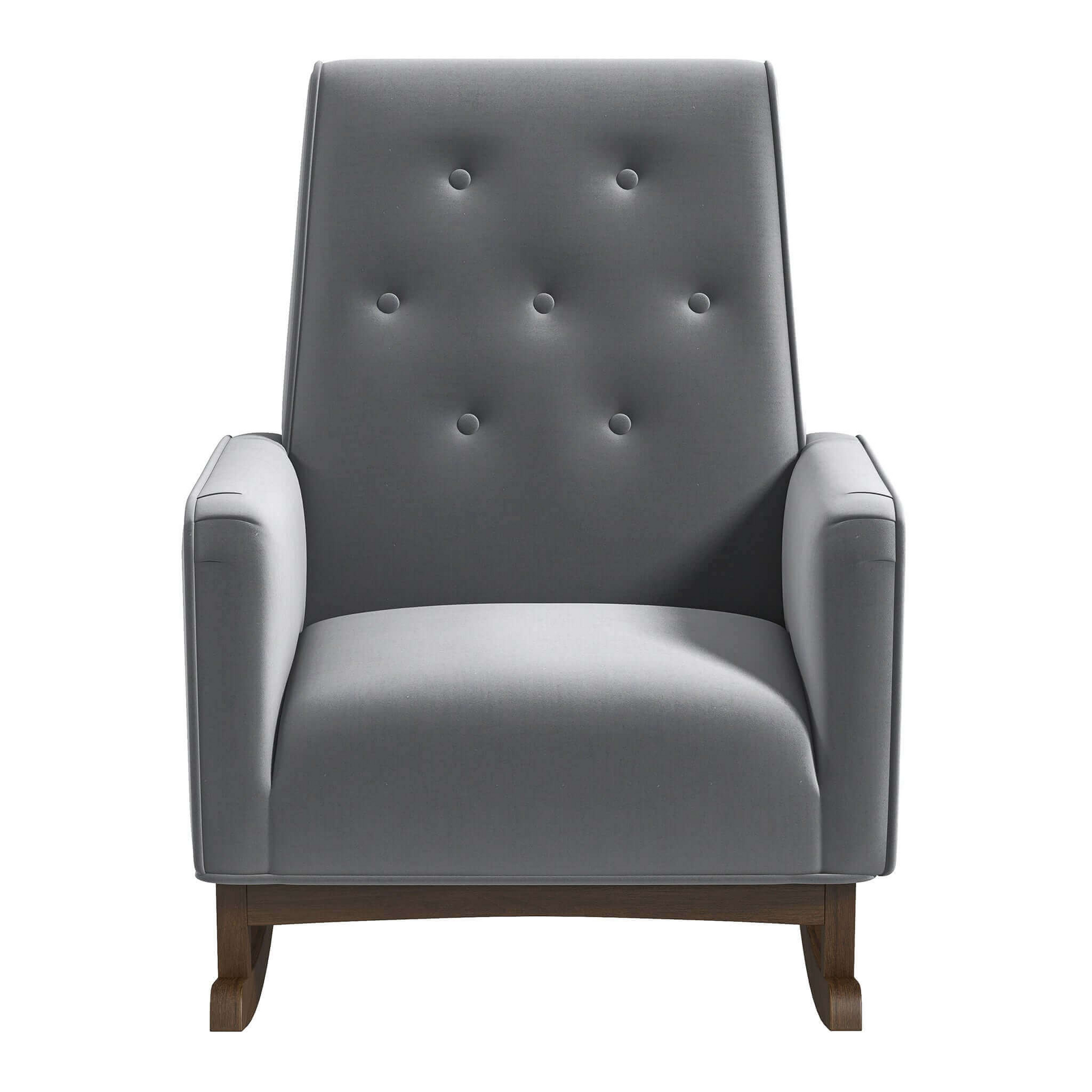 Grey velvet upholstered rocking chair with tufted back and wooden base