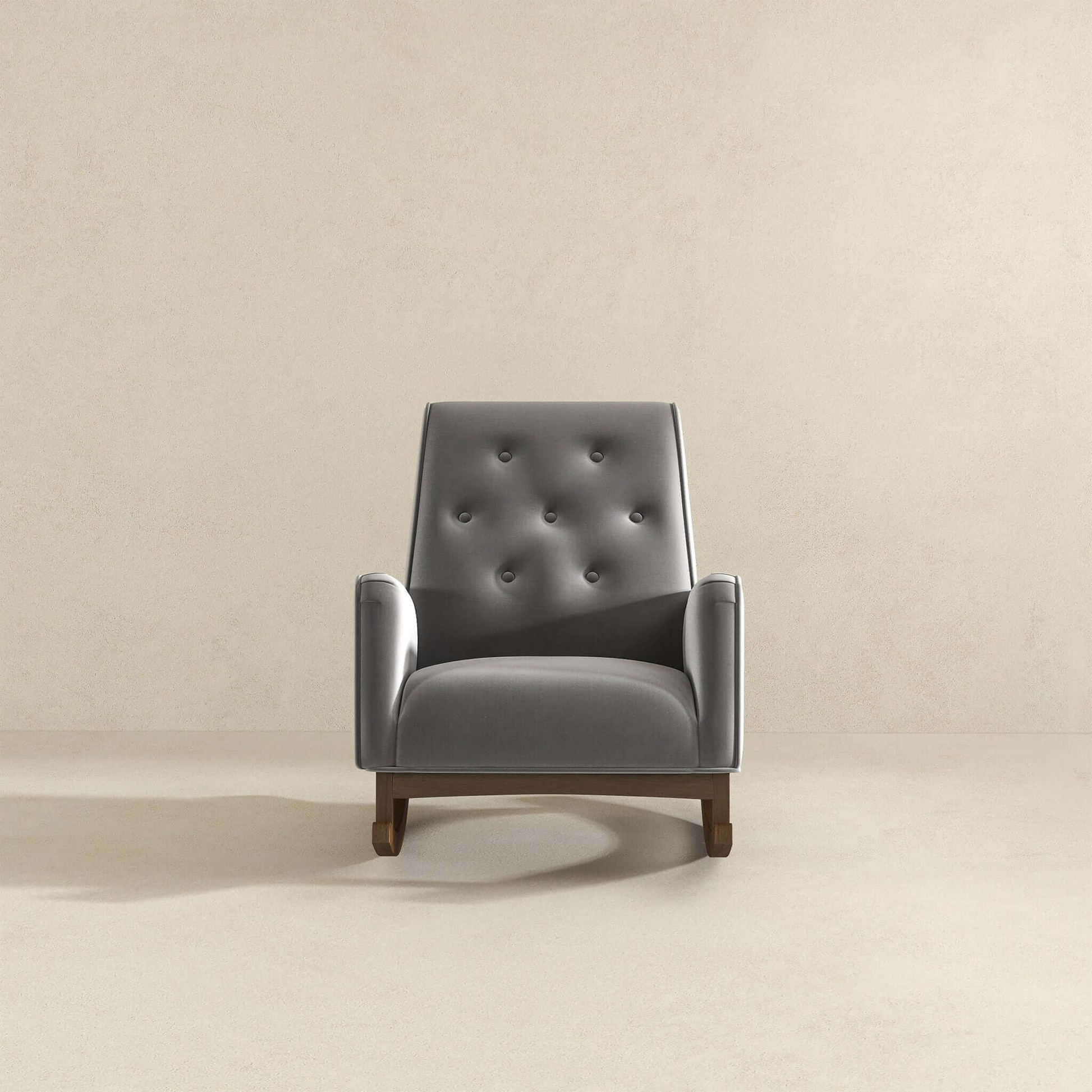 Tufted gray upholstered accent chair with wooden legs for a modern living room